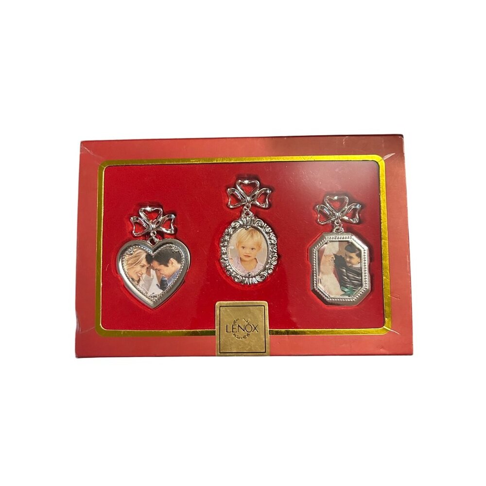 Lenox Christmas Moments Silver Heart & Bow Picture Frame Ornaments Set Of 3